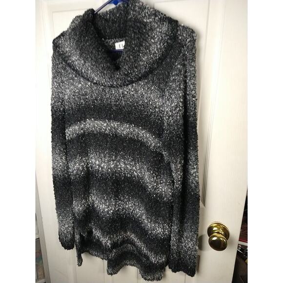 Elle Woman L Sweater Tunic Black White Striped Raised Knot Long Sleeve - Picture 2 of 9